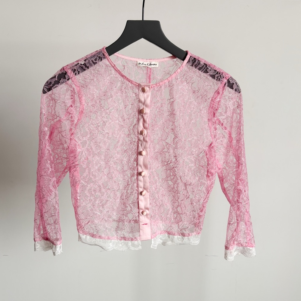 For Love & Lemons Pink Lace Sheer Button-Front Blouse